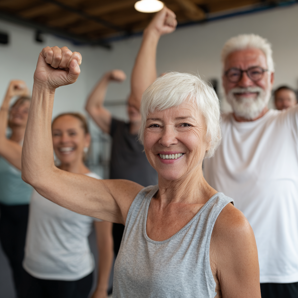 Group of mature adults celebrating fitness achievements together