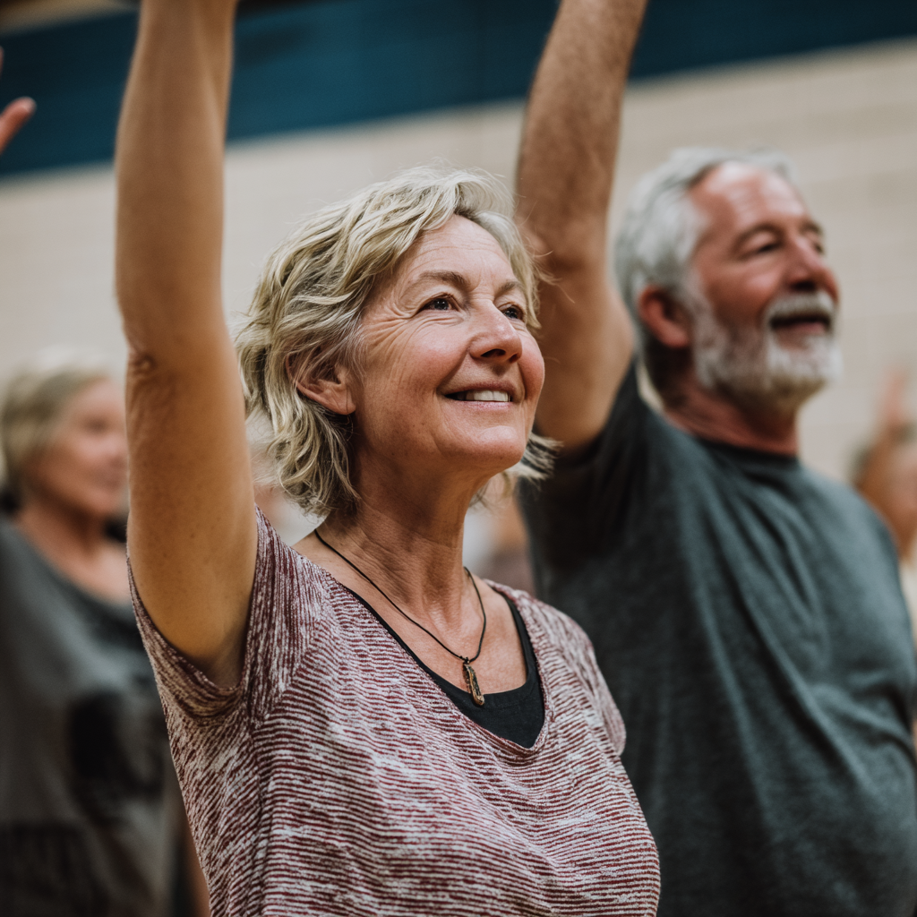 Middle-aged adults participating in guided fitness activities